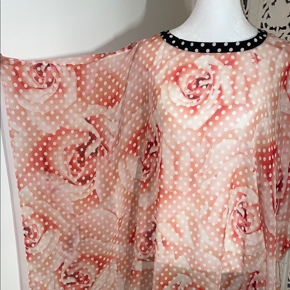Roberto Cavalli silk Peach Polka Dot ,and rose print Sheer Tunic with Black Trim